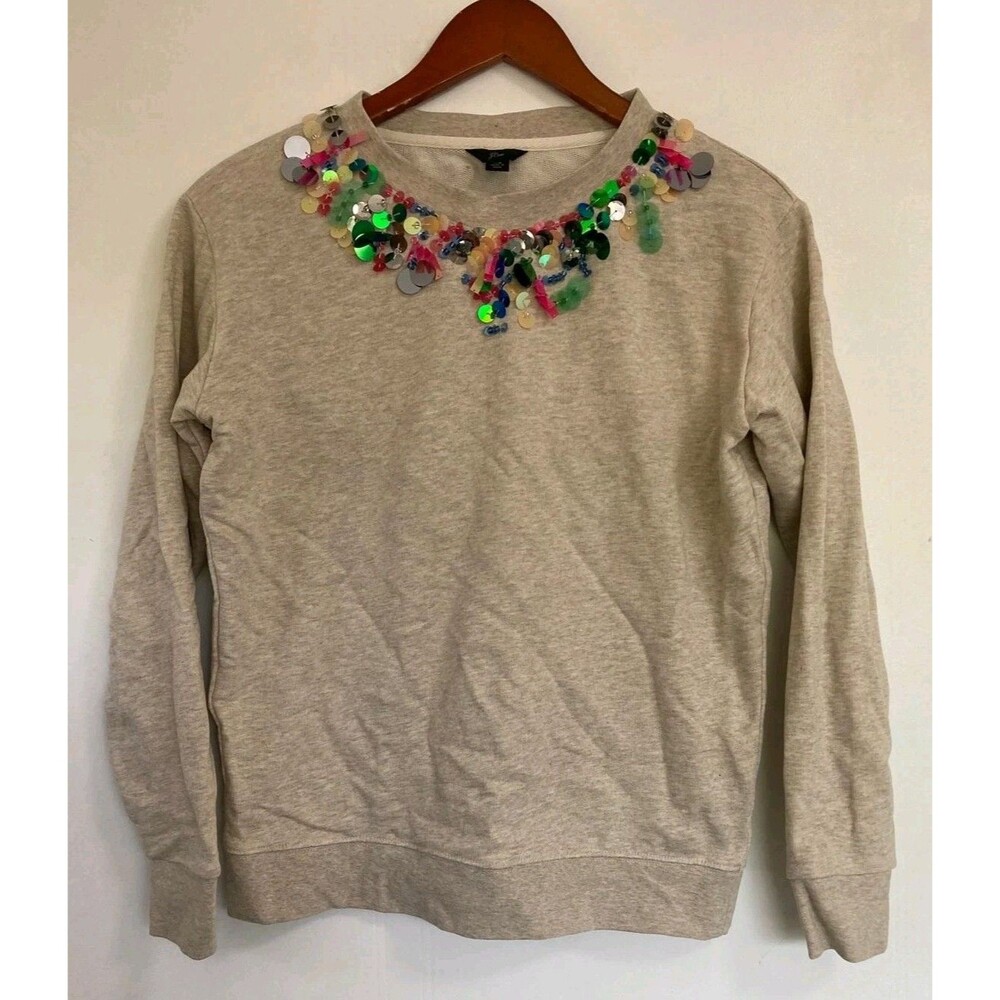 J. Crew Sweatshirt Womens XS Beige Embellished Beaded Boho Eclectic Festival
